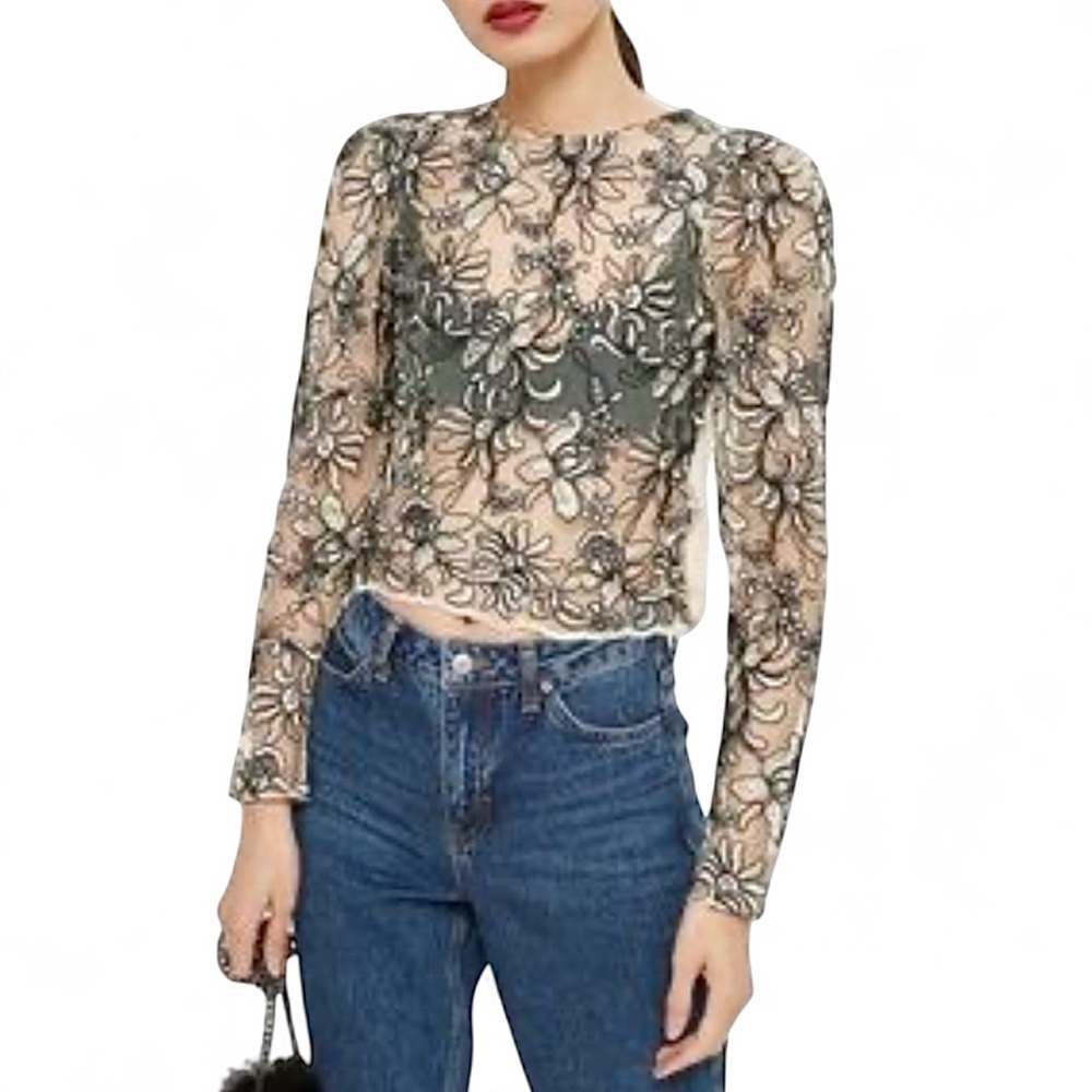 Topshop Embroidered Sheer Floral Lace Blouse